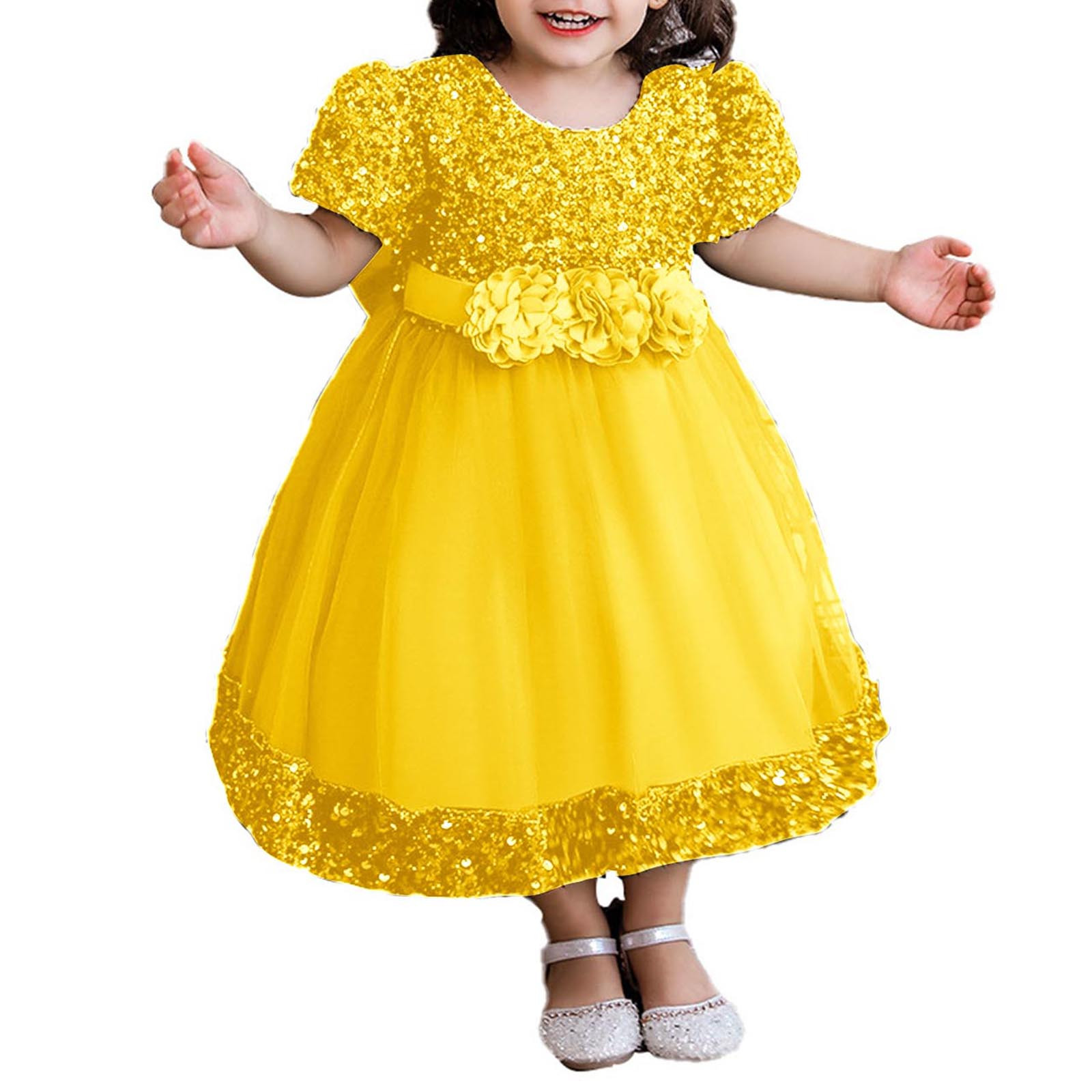 Toddler Princess Dress Size 3t-4t Trendy Sequin Puff Sleeve Flower Girl Dresses Tulle Wedding Party Clothes 6M-5T, Yellow, 3 Years